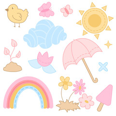 Colored vector set with icons on the theme of spring in pastel colors. Bird, flowers, umbrella, sun, clouds, rainbow