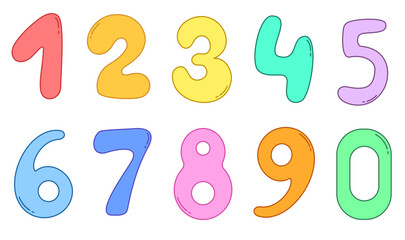 Colored vector set with icons of various numbers in cartoon style. 10 numbers in rainbow colors