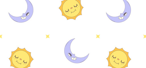 Colorful vector seamless pattern with the image of the moon, sun and stars in groove style. Calm sun and laughing moon