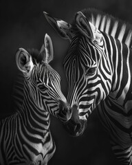 Fototapeta premium Elegant Zebra Duo in Monochrome: A Mother's Protective Embrace - Generative AI