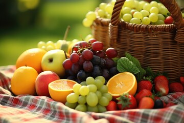 Naklejka na ściany i meble Assortment of fresh fruits in basket on green grass