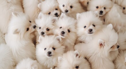 Fototapeta premium Bundle of Bliss: Adorable White Fluffy Puppies Sharing a Joyful Moment - Generative AI