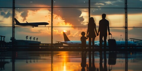 Silhouette of a family at the airport with a plane in the background at sunset.