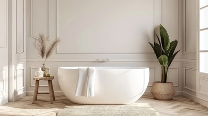 Fototapeta premium White marble sink featuring prominent black veining, accompanied by a black soap dispenser, and a tall mirror complemented by silver towel racks on the right