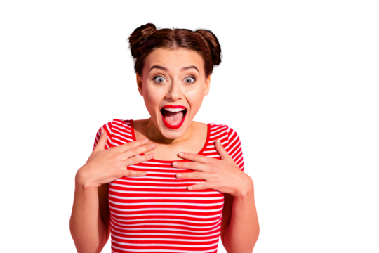 Close up photo beautiful she her lady pretty two buns pomade lips screaming shouting yelling loudly low prices black friday shopping wear casual striped red white t-shirt isolated pink background