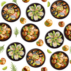 Seamless pattern of French cuisine seafood dishes on a transparent background