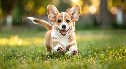 Naklejka na ściany i meble Joyful Sprint - A Delighted Corgi Puppy's Dash Through Sunlit Grass Generative AI