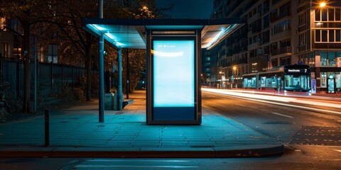Empty bus stop advertisement at night.