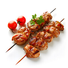 Shashlik or shish kebab prepared on barbecue grill isolated on white