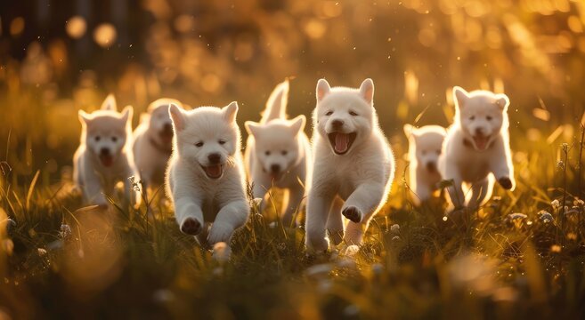 Exuberant Siberian Husky Puppies Romping in Sunset's Glow - Generative AI