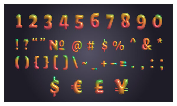 Glossy 3D font in Y2K style: shiny plastic holographic numbers and special characters. Vector elements for social media, web design, posters, collages, apparel, music albums.	
