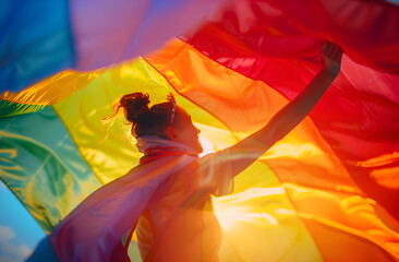 A happy girl under the gay flag, defending LGTBIQ rights.