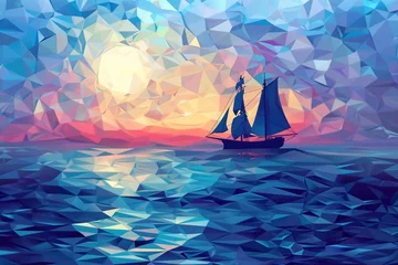 Foto op Plexiglas a low polygon of a sailboat in the ocean © Alex