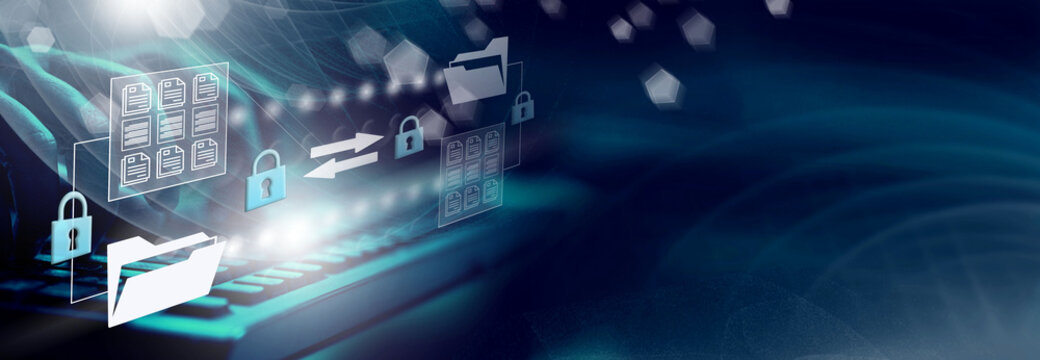   Online documentation database. AI document management system DMS concept. FTP (File Transfer Protocol), Secure FTP. Internet cloud technology, exchange information and data storage concept