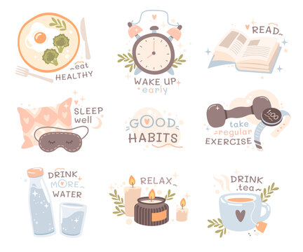 Health good habits set with motivation to eat healthy, wakeup early, read, take regular exercise