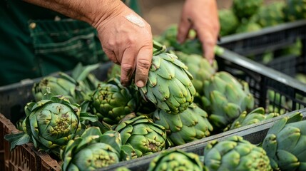 Artichoke - Farmers market with hands selecting a fresh artichoke