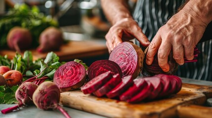 Kitchen counter with hands peeling and slicing vibrant red beetroots