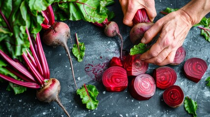 Kitchen counter with hands peeling and slicing vibrant red beetroots - obrazy, fototapety, plakaty