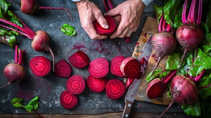 Kitchen counter with hands peeling and slicing vibrant red beetroots
