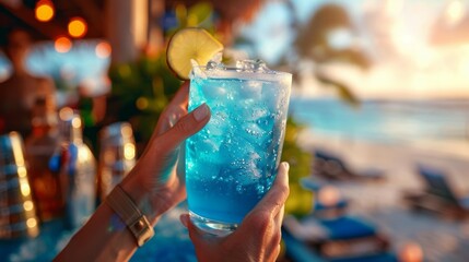 Beachside with hands holding a vivid blue cocktail