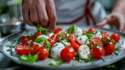 Italian restaurant with hands assembling a fresh caprese salad.
