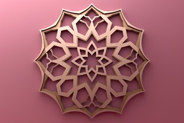 burgundy and beige islamic octagonal ornament with curved pattern on pink background - obrazy, fototapety, plakaty