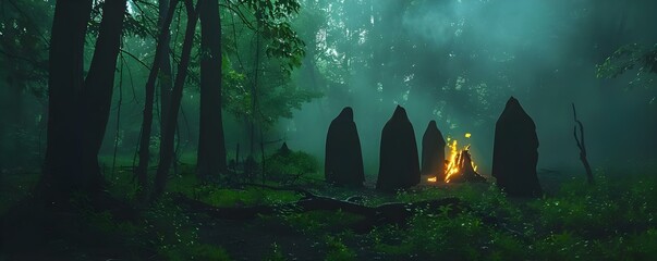 Dark and Gloomy Forest Witchcraft Ritual. Concept Dark Forest, Witchcraft, Ritual, Spooky Atmosphere, Enigmatic Setting - obrazy, fototapety, plakaty