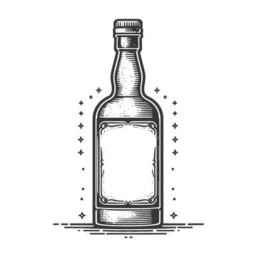 Alcohol bottle with blank label sketch engraving generative ai raster illustration. Scratch board imitation. Black and white image.