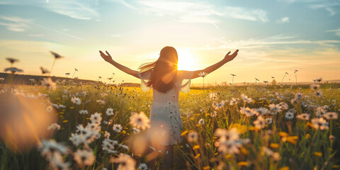 woman jumping in the field at sunset