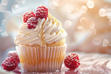 a cupcake with whipped cream and raspberries