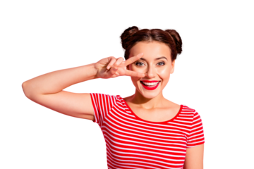 Close-up portrait of her she nice-looking cute charming sweet attractive lovely cheerful cheery optimistic teen girl showing v-sign near eye isolated over pink pastel background
