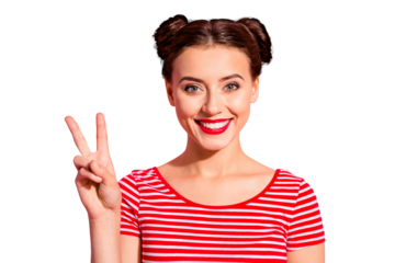 Close-up portrait of her she nice-looking cute charming attractive lovely cheery optimistic teen girl showing v-sign isolated over pink pastel background