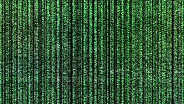 Abstract background from randomly moving numbers and strange characters and signs. Binary code on the screen. Computer system error, virus, hacking. Matrix Rows. 4K video animation.