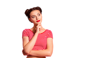 Portrait of her she nice-looking cute charming winsome glamorous fascinating attractive lovely girl wearing striped t-shirt touching chin isolated over pink pastel background