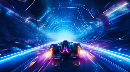 A futuristic vehicle racing through a neon tunnel with