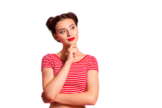 Portrait of her she nice-looking cute charming winsome glamorous fascinating attractive lovely girl wearing striped t-shirt touching chin isolated over pink pastel background