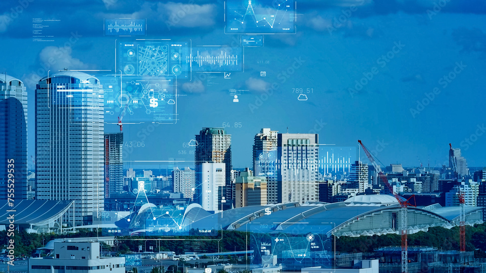 Poster modern city aerial view and digital data concept. digital transformation. smart city.