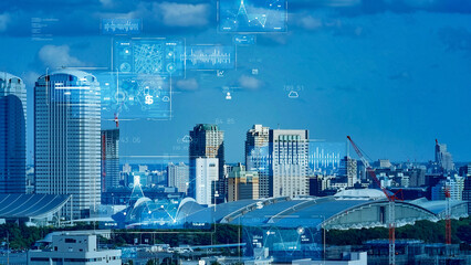 Modern city aerial view and digital data concept. Digital transformation. Smart city.
