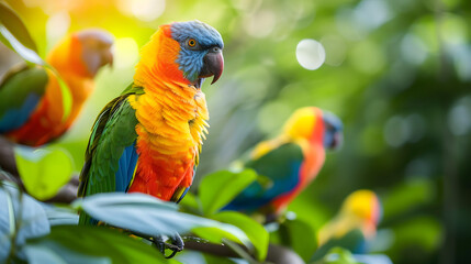 Colorful tropical birds perched on lush branches background