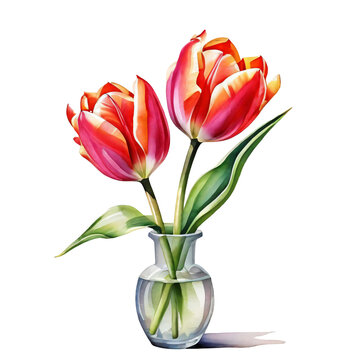 Tulip in vase watercolor style with transparent background