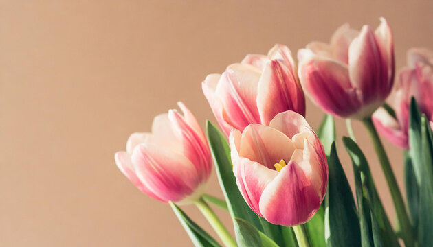 Pink tulip flowers on pastel peach background. Image for a wedding, women's day or mother's day themed greeting card or invitation
