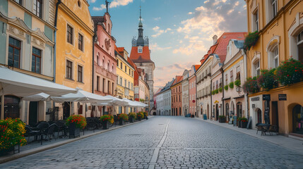 Cobblestone streets and historical architecture in a market square background