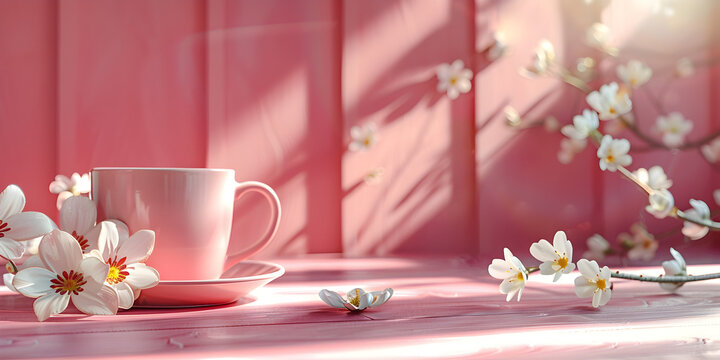 cup of tea and flowers, a cup of black morning coffee surrounded by spring flowers in pastel,