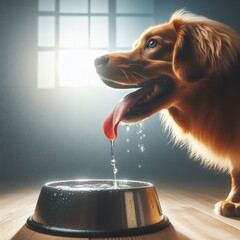 Panting dog drinks water from a metal bowl to quench thirst
