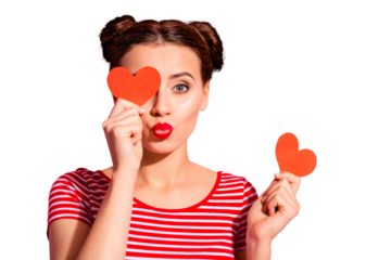 Close-up portrait of her she nice cute charming attractive lovely cheerful cheery girl wearing striped t-shirt closing covering one eye with small little hearts isolated over pink pastel background
