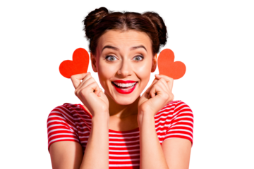 Close-up portrait of her she nice cute charming attractive lovely cheerful cheery optimistic glad girl wearing striped t-shirt holding in hands small little hearts isolated over pink background