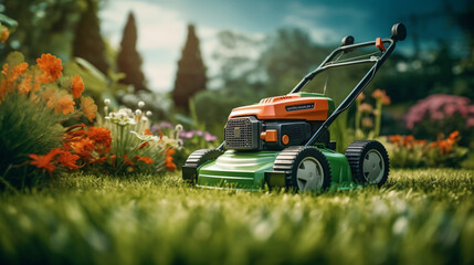 A lawn mower is being used to mow the grass.  interior - obrazy, fototapety, plakaty
