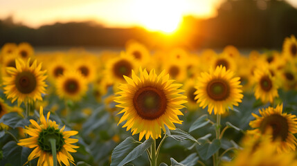 Obraz premium Endless fields of golden sunflowers in bloom background