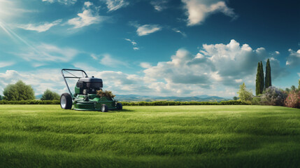 A lawn mower is being used to mow the grass panorama. - obrazy, fototapety, plakaty