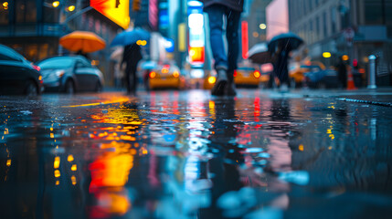 Dramatic shadows and reflections in rainy city streets background